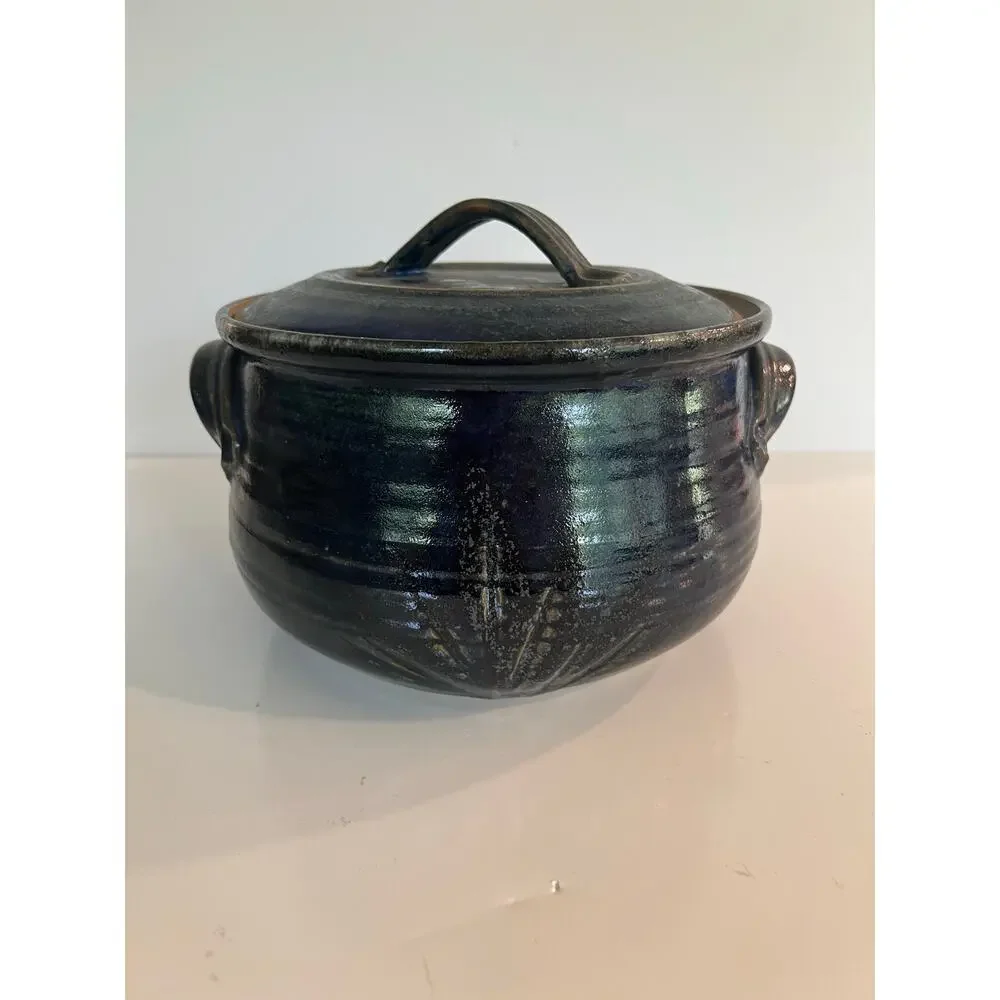 Rare Vintage Richard Sanderson Toad Hill Pottery NH Casserole Pot w Lid Blue JL